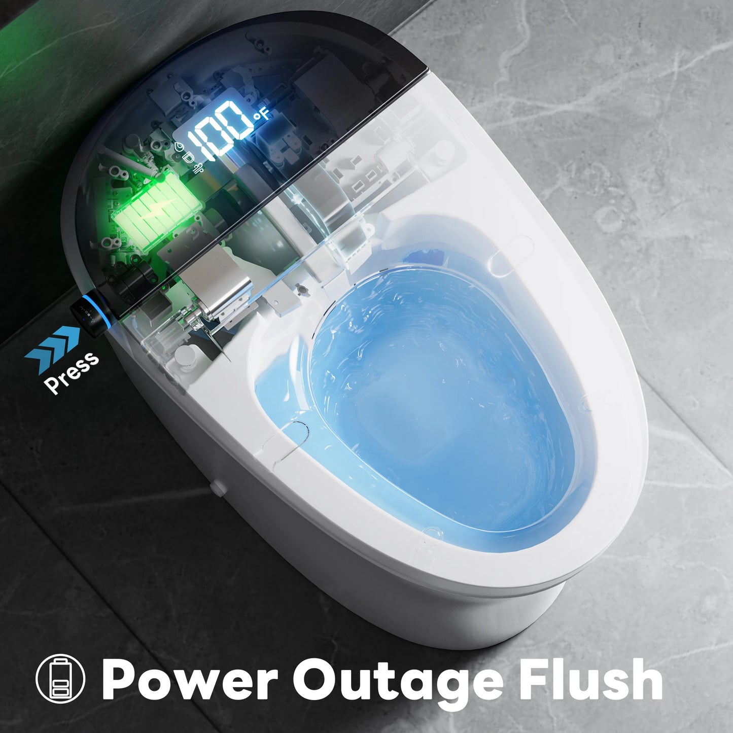 Emergency flush feature on CANEST TC-100GE ensuring usability during power outages