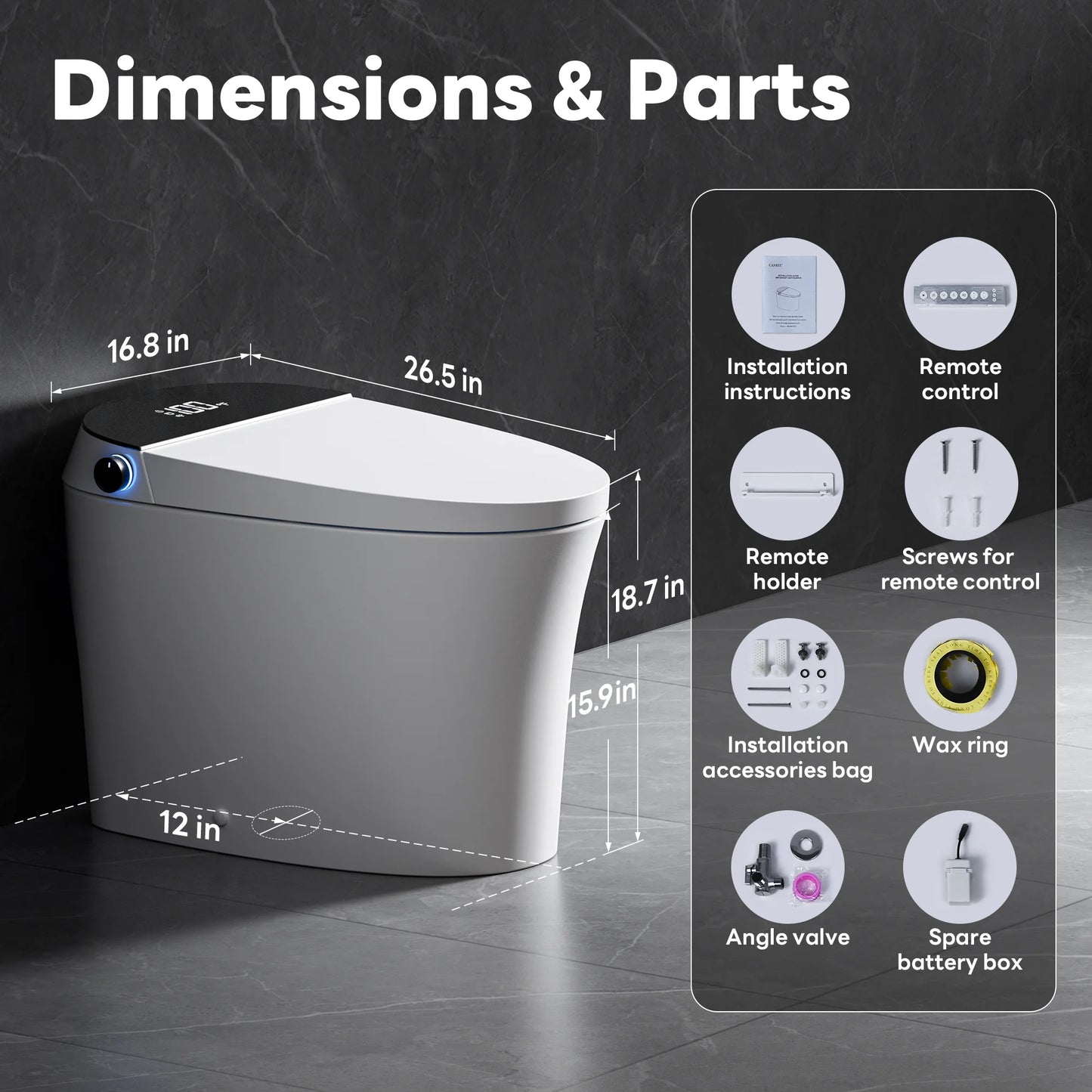 Dimensions and included components of CANEST TC-100GE Smart Toilet with installation diagram