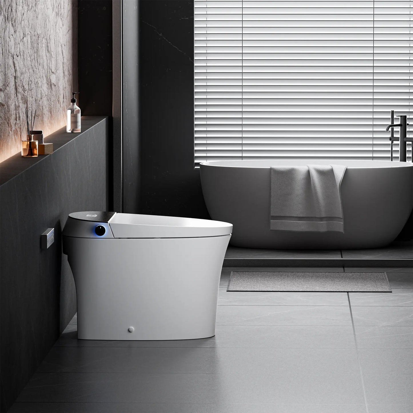 Side profile of CANEST TC-100GE Smart Toilet highlighting compact tankless design
