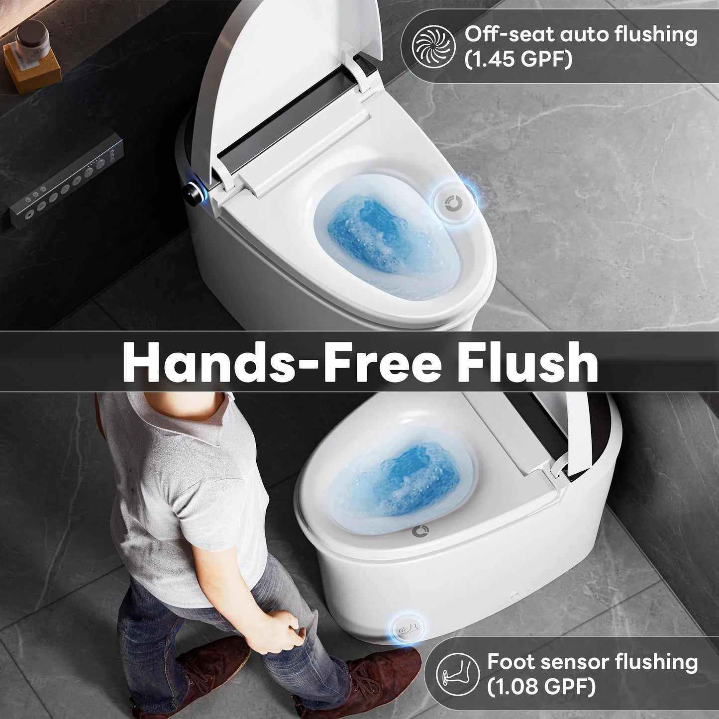 Auto flush upon standing and foot kick flush function of CANEST TC-100GE for hands-free hygiene