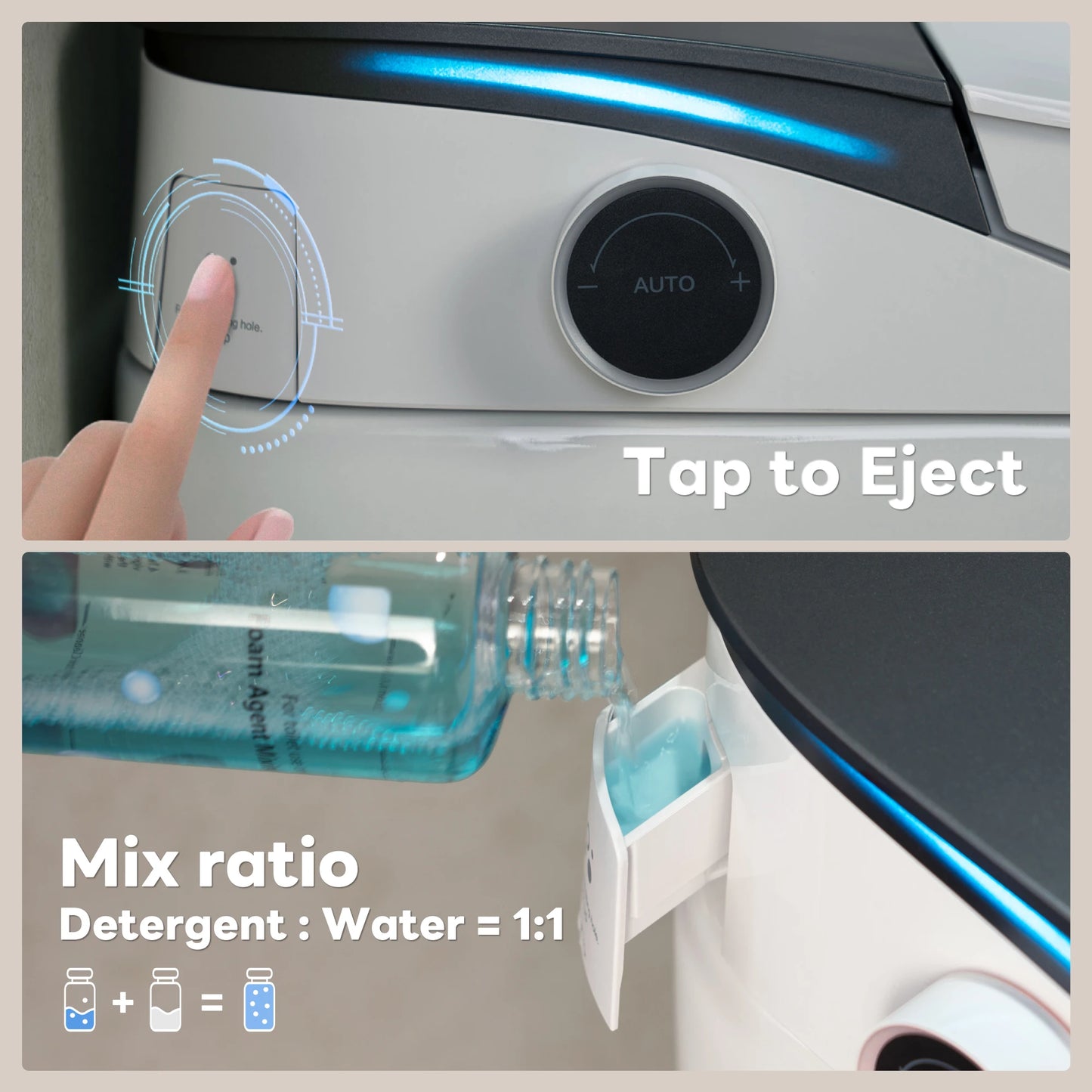 Step-by-step visual instructions for adding foam solution to CANEST FC-002SE, with highlighted fill port and label guide.