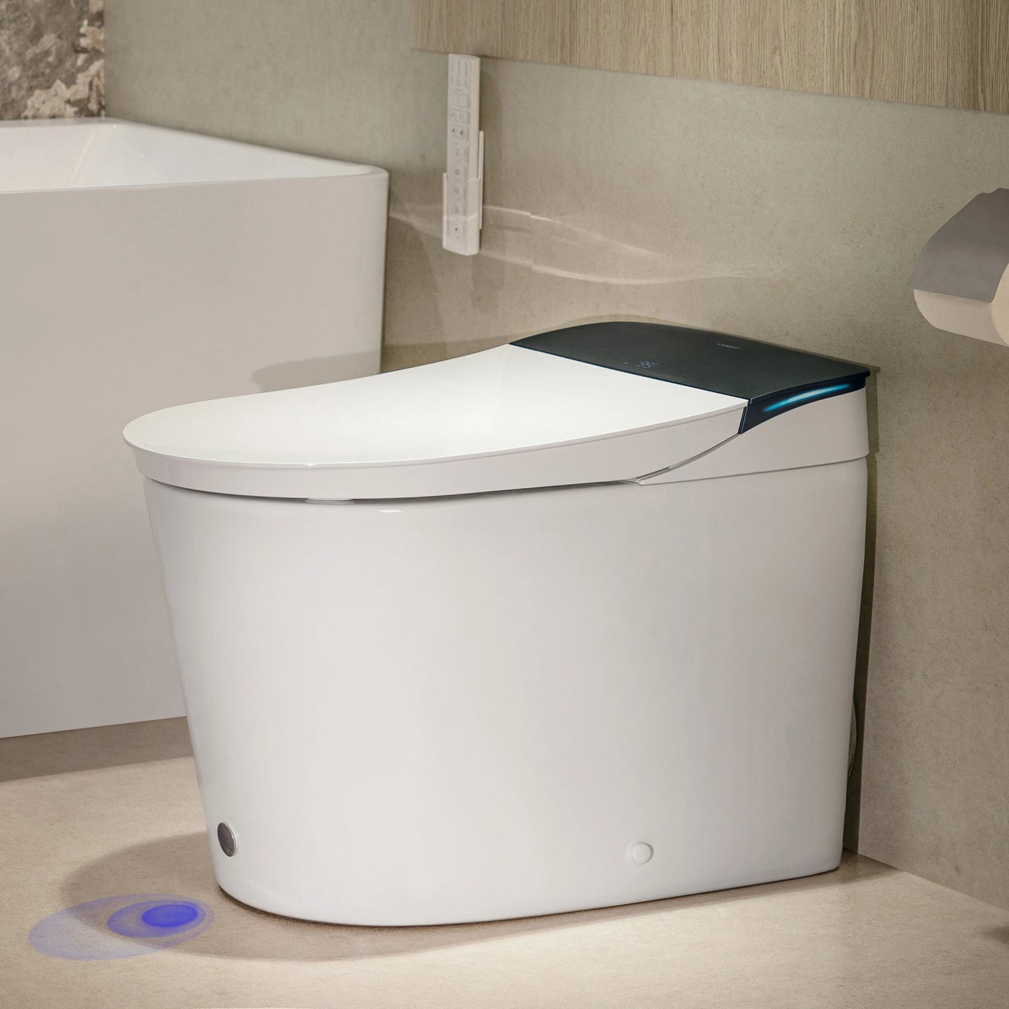 Right-side view of CANEST FC-002SE smart toilet showing the wide ergonomic seat and modern streamlined profile.