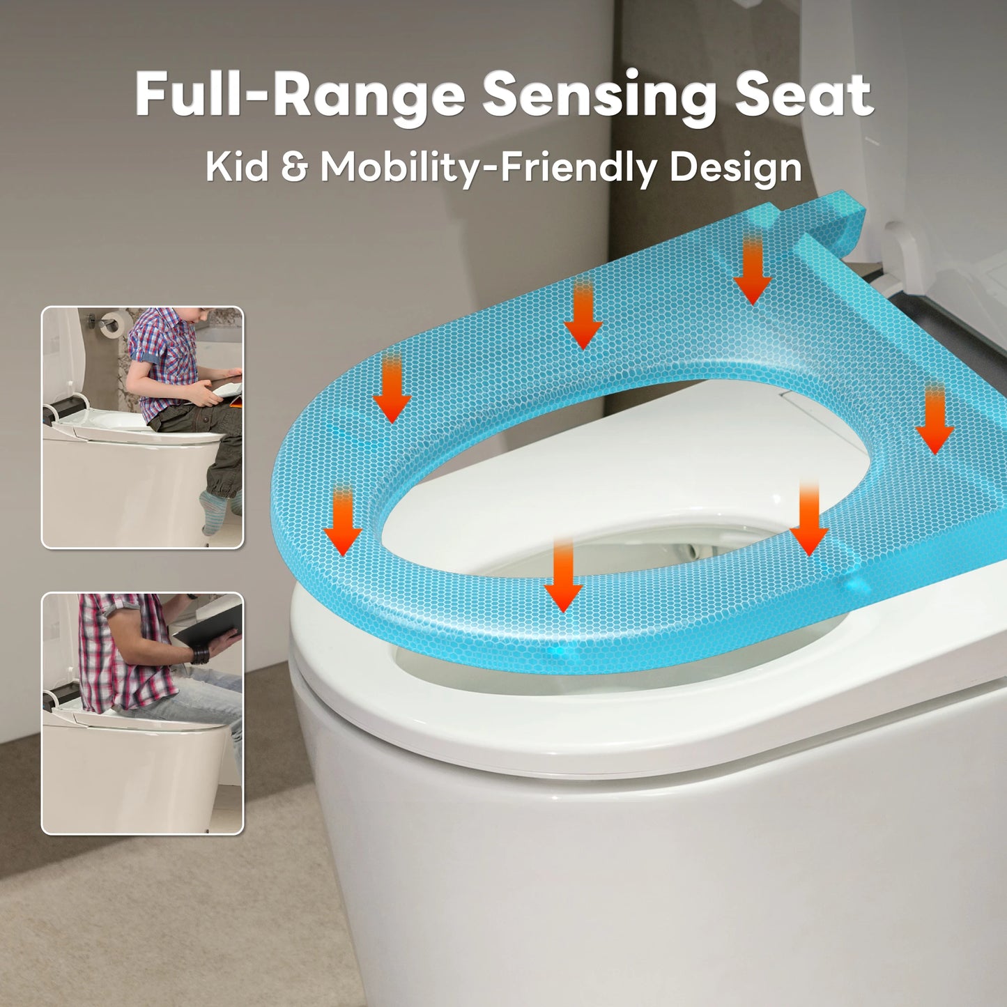 Top-down view of the CANEST FC-002SE smart toilet seat with distributed sensing zones for full-area activation.
