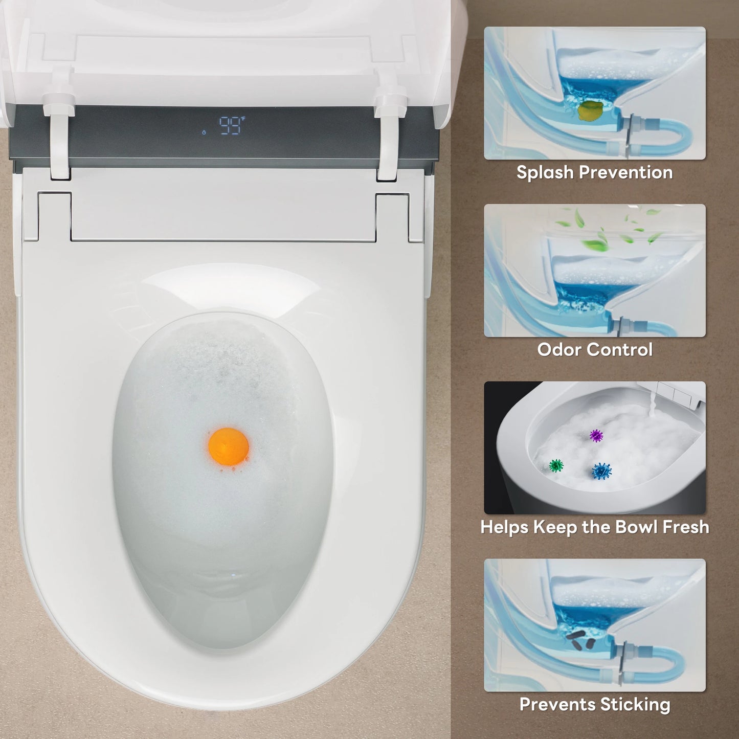 Inside bowl view of the CANEST FC-002SE smart toilet as foam is released to form a protective splash-resistant shield.