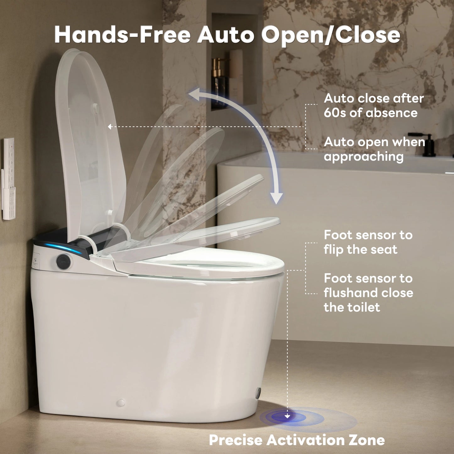 CANEST FC-002SE smart toilet with lid automatically lifting to demonstrate hands-free open feature triggered by proximity sensor.