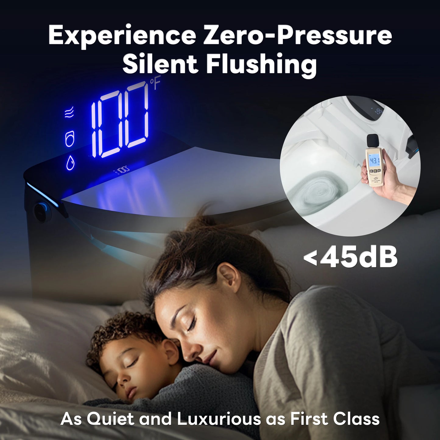 CANEST FC-002SE smart toilet in flush mode, visualizing quiet flushing performance with smooth water flow and noise-reduction design.