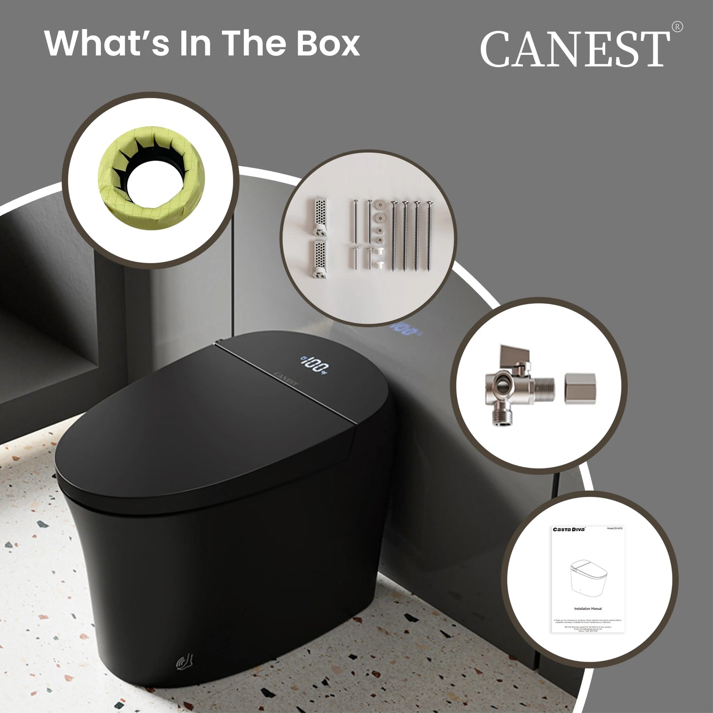 Complete view of CANEST TC-200BG Black Smart Toilet with all included accessories and installation kit