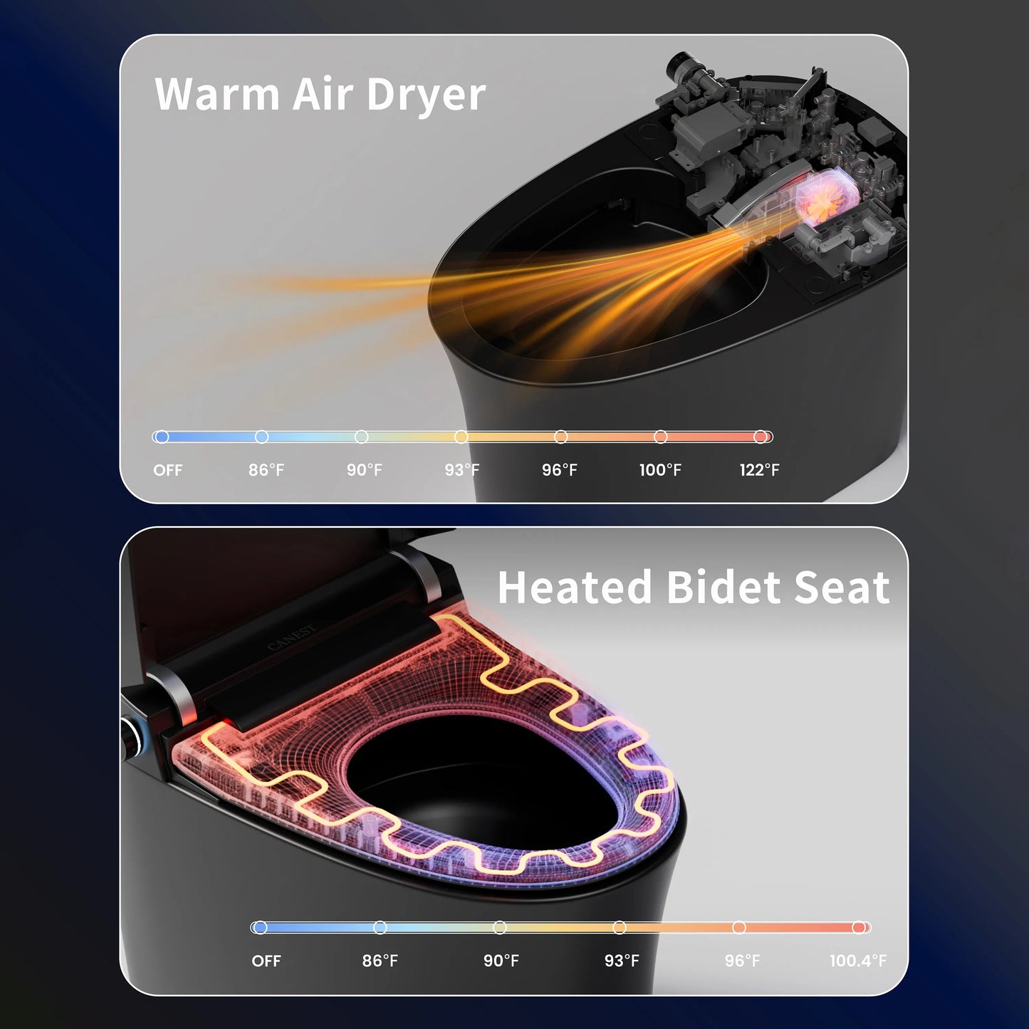 Warm air dryer and heated seat features of CANEST TC-200BG for maximum comfort after use