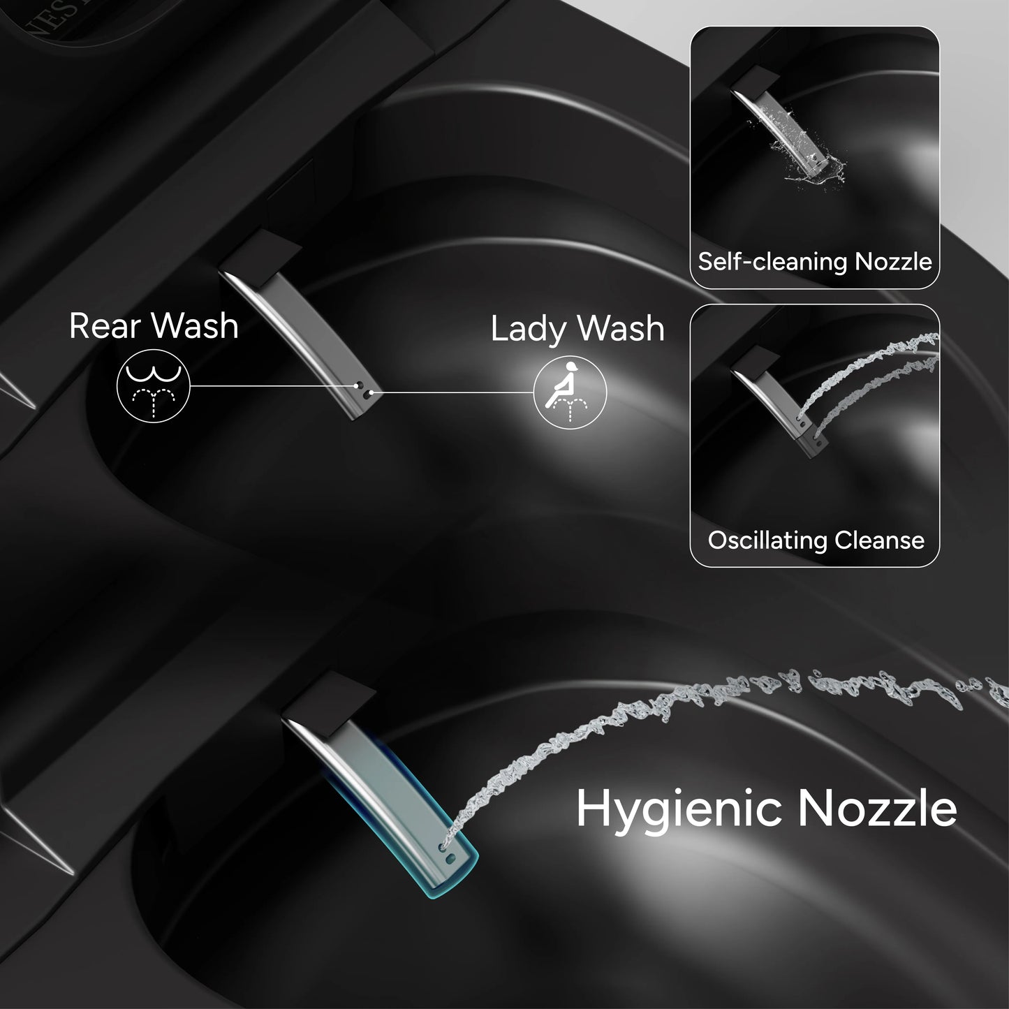 Antibacterial nozzle with multiple bidet spray modes including rear, feminine, and massage wash