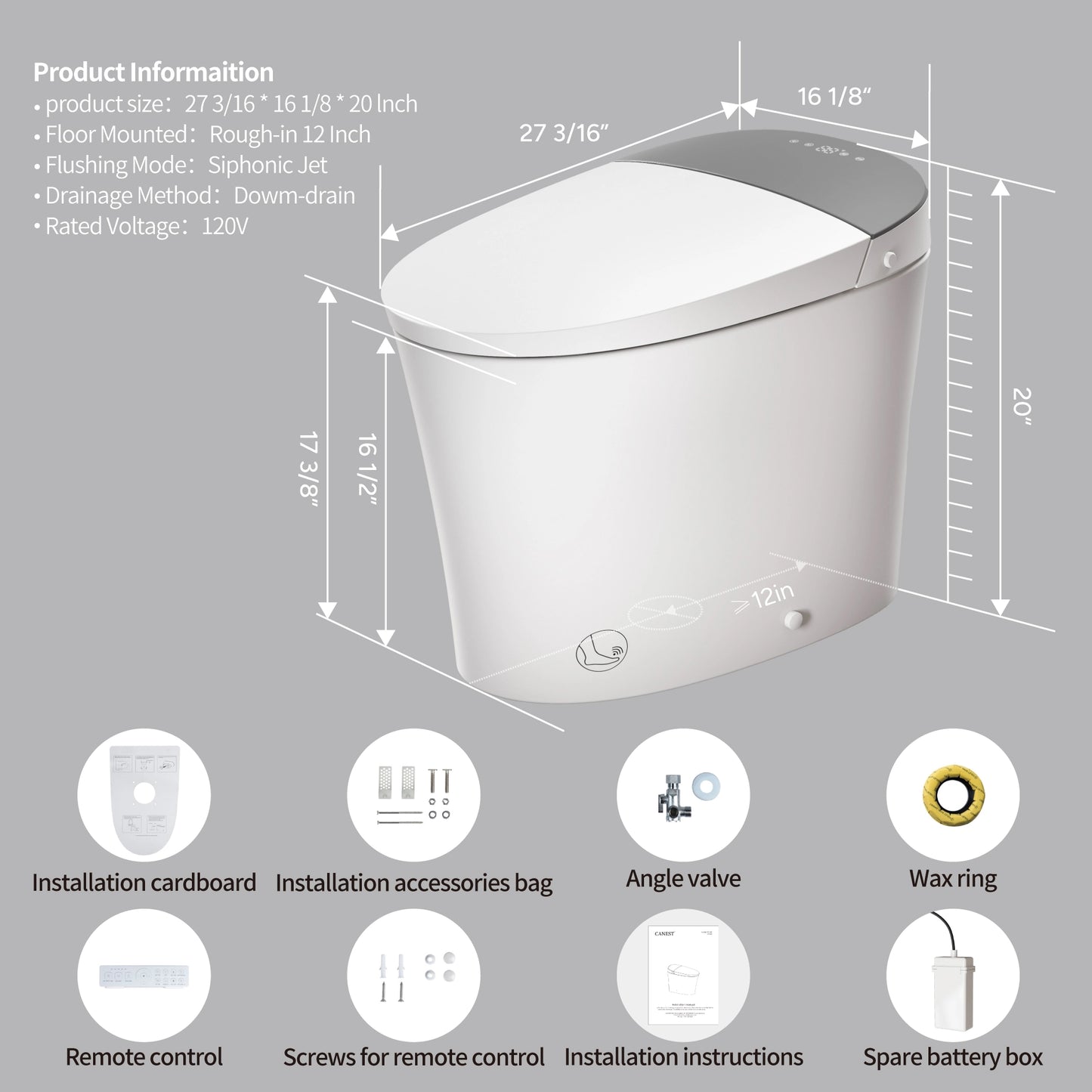 Included components and accessories for CANEST FC-001 Smart Toilet shown in flat lay