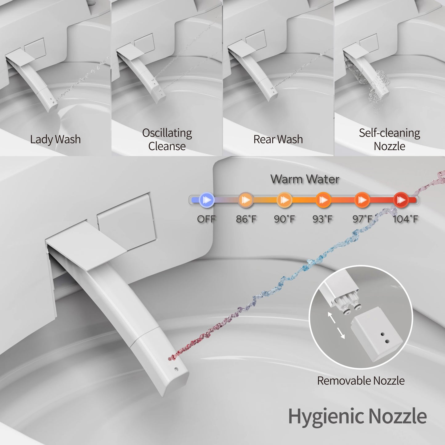Multiple wash modes including feminine, rear, and oscillating wash; detachable nozzle for easy cleaning