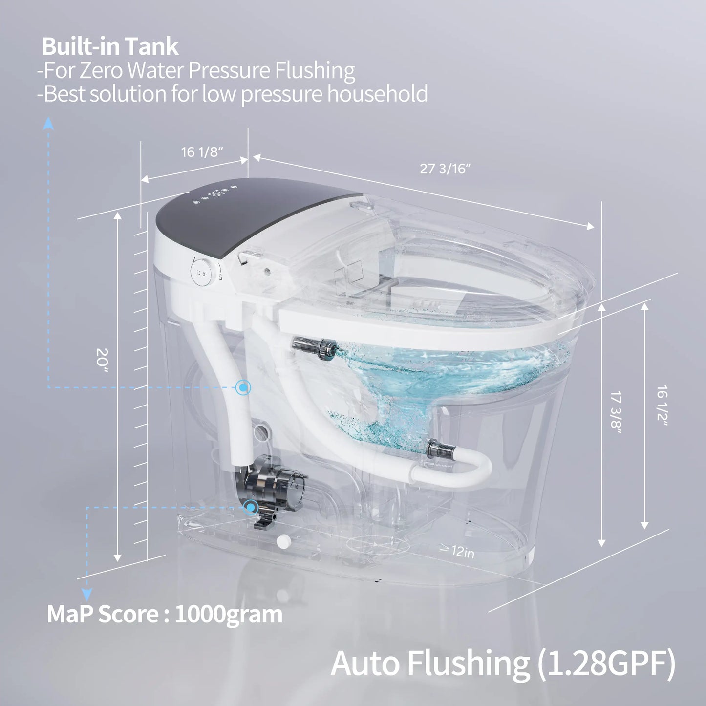 Dimension chart of CANEST FC-001 Smart Toilet for fitting reference and installation planning
