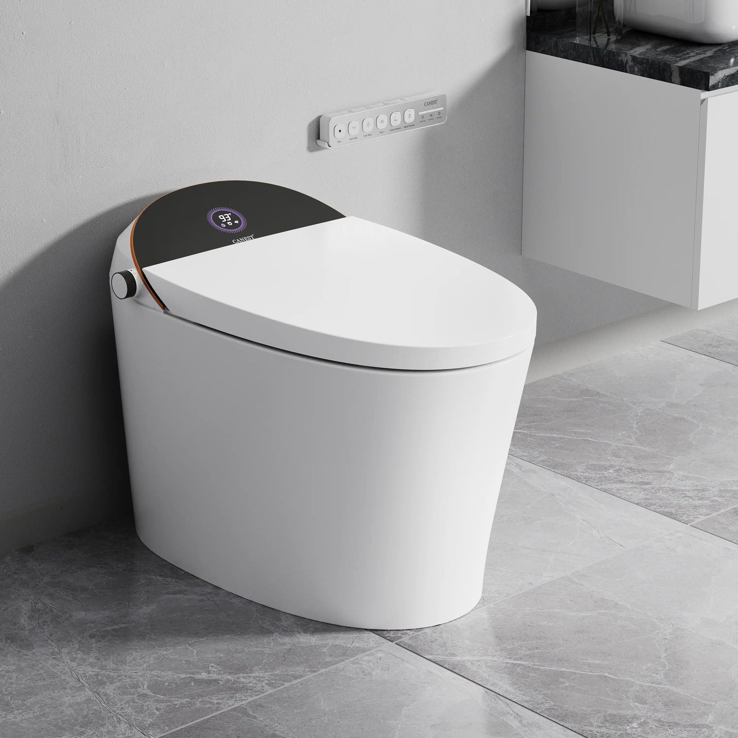 Left side view of CANEST TC-300BK white smart toilet featuring a sleek, modern tankless design