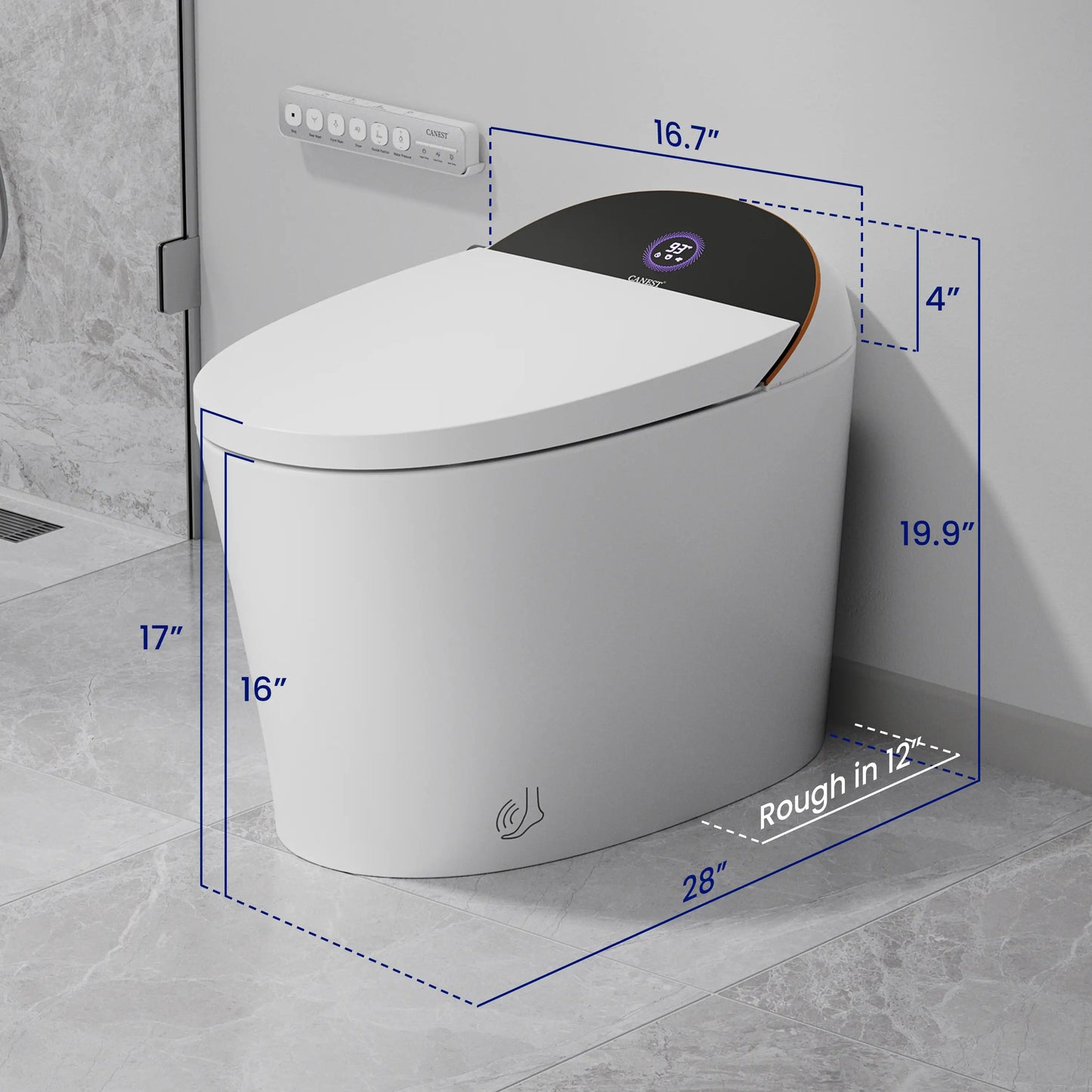 Dimensional drawing of CANEST TC-300BK white smart toilet showing installation measurements