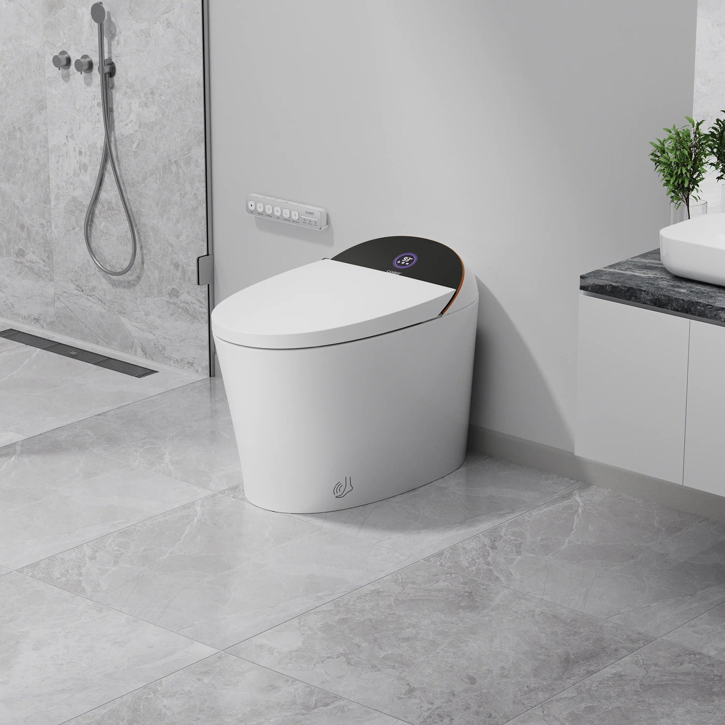 Right side view of CANEST TC-300BK showing its streamlined white body and curved profile
