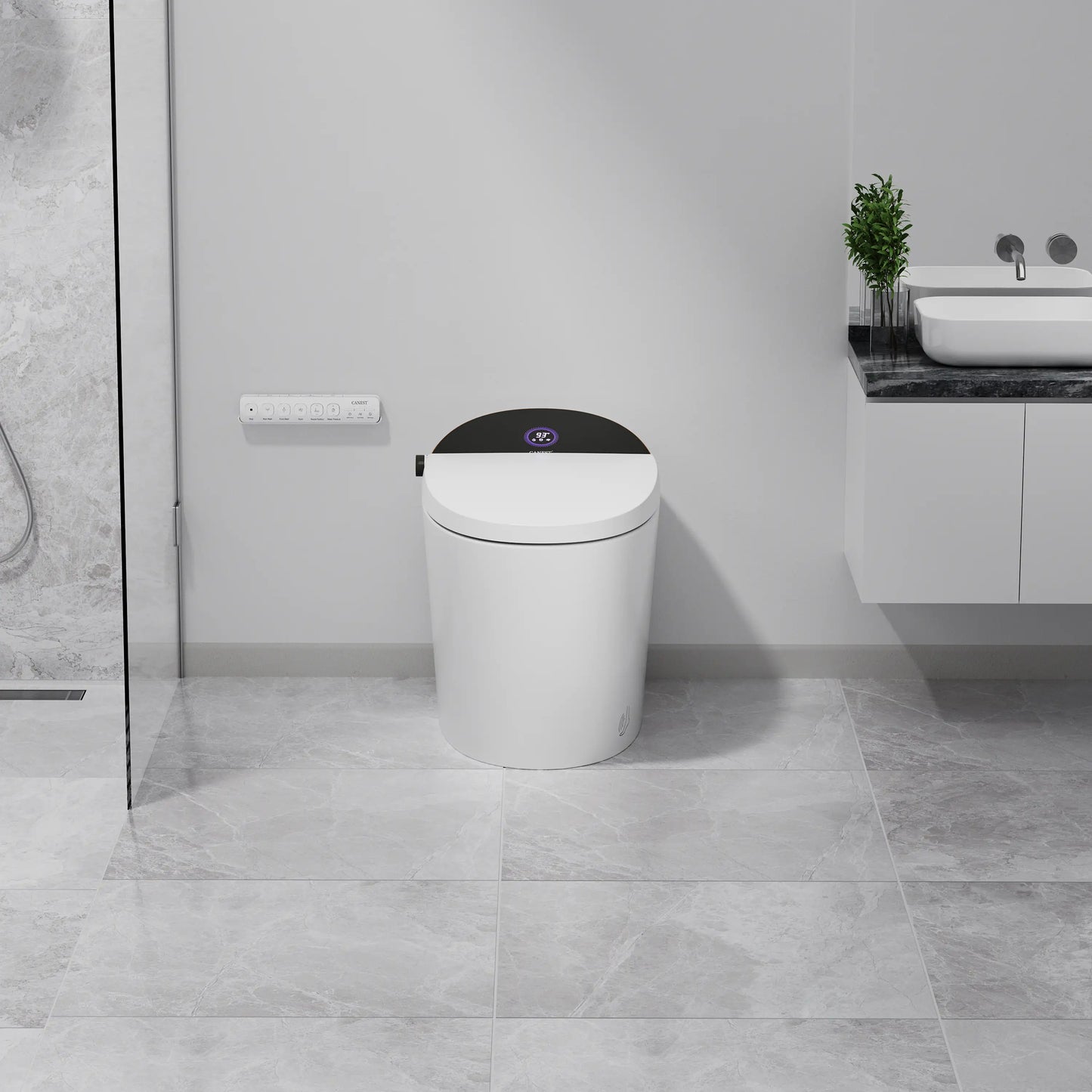 Front view of CANEST TC-300BK smart toilet in glossy white with minimalist aesthetic