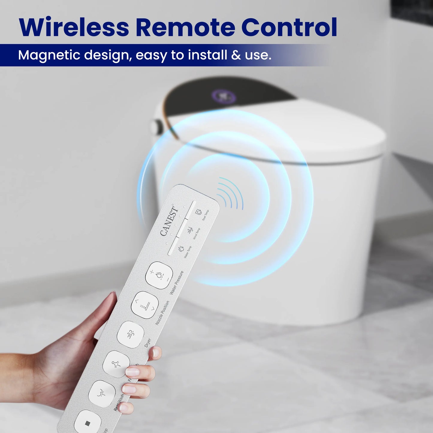 Wireless remote control included with CANEST TC-300BK for easy adjustment of bidet and seat settings