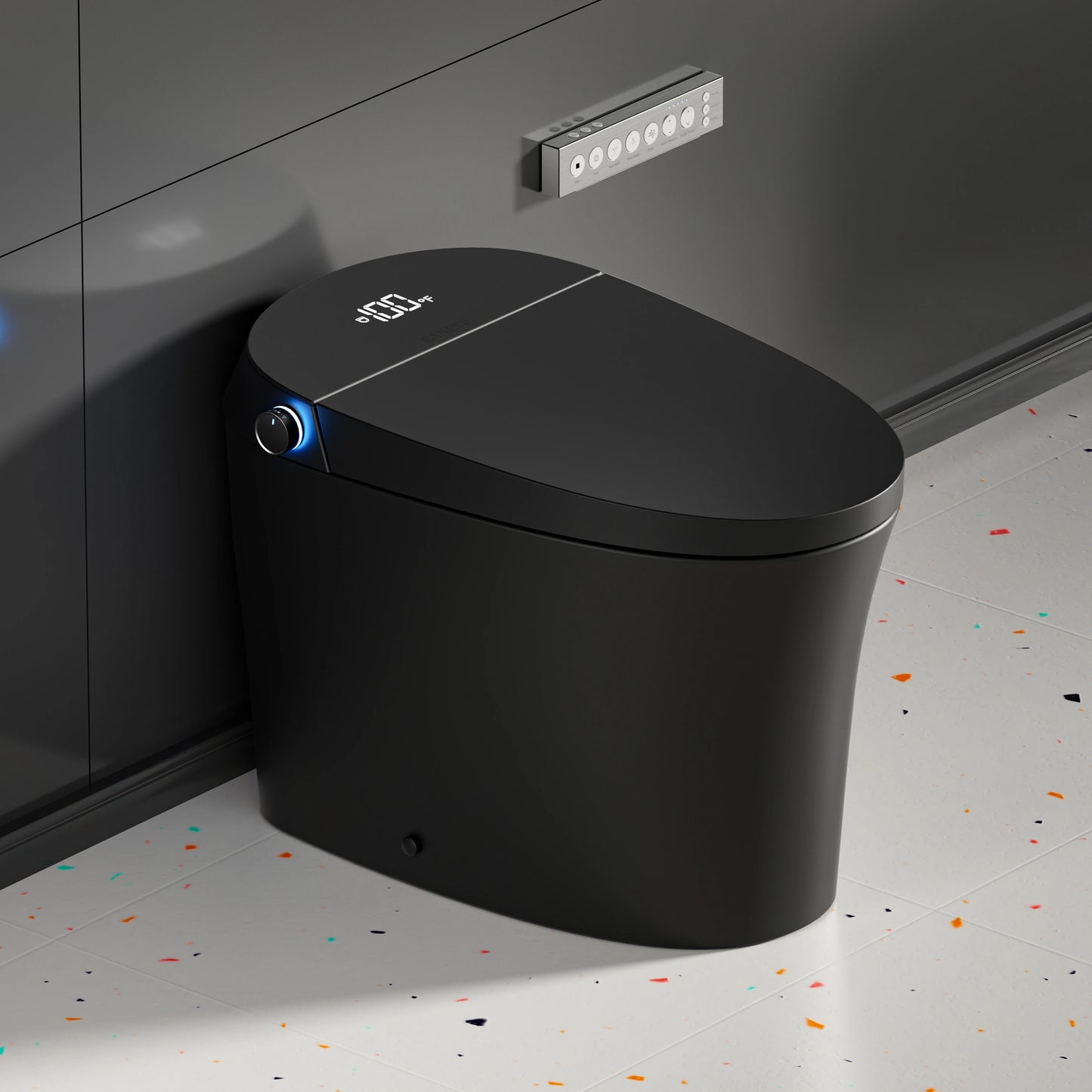Left side view of CANEST TC-200BG Black Smart Toilet with sleek tankless design and matte finish