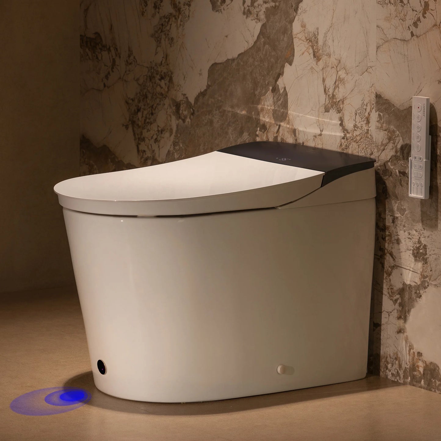 Modern toilet bowl with black lid against a textured wall