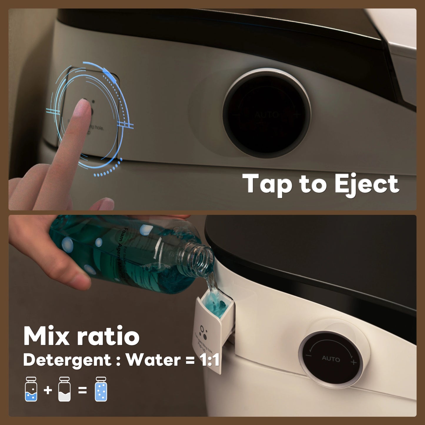 Instructions for using a detergent dispenser with text 'Tap to Eject' and 'Mix ratio Detergent : Water = 1:1'.