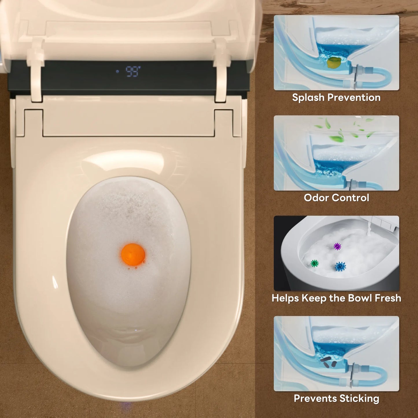 Toilet with a floating ball and features highlighted on a wooden floor.