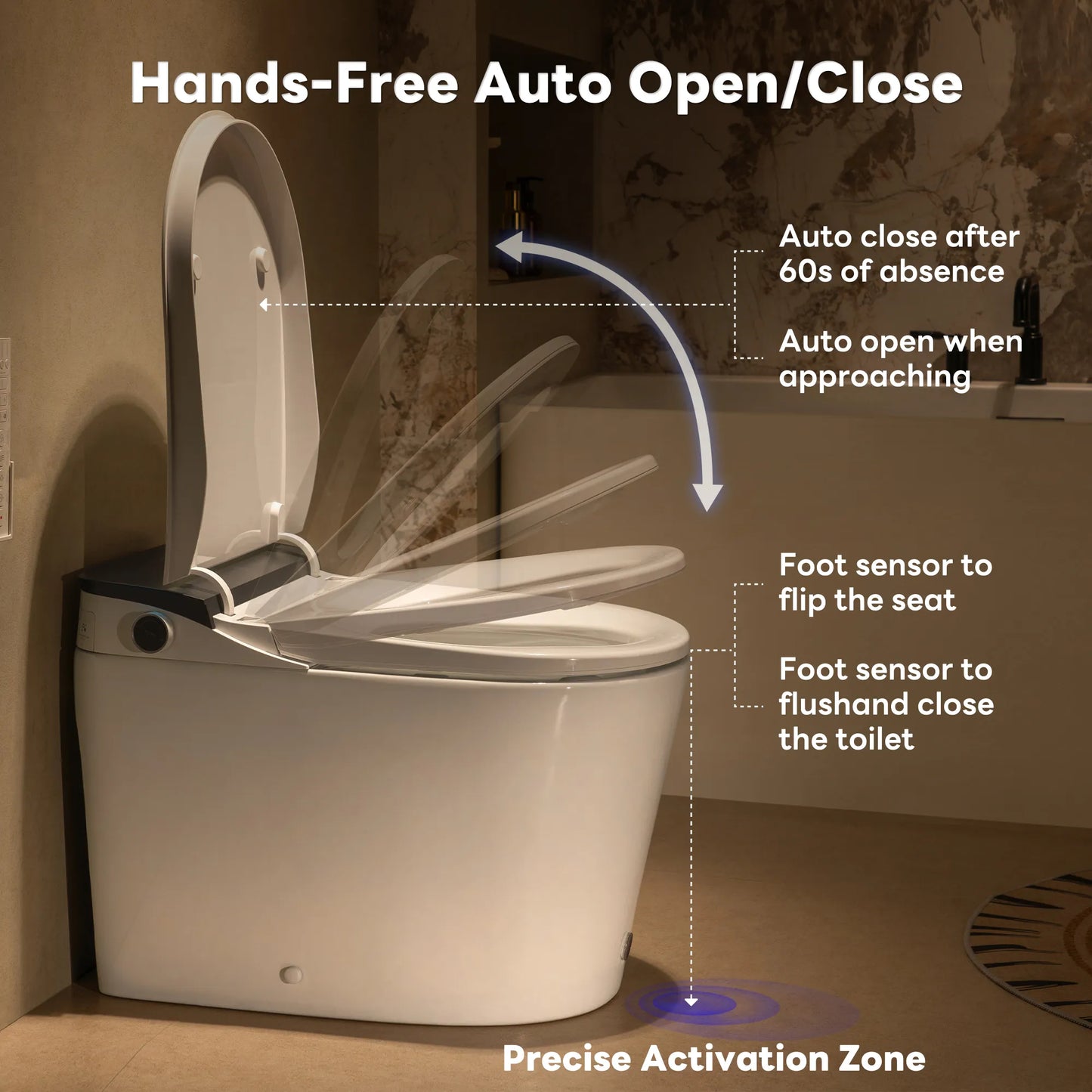 Smart toilet with hands-free auto open/close features in a bathroom setting