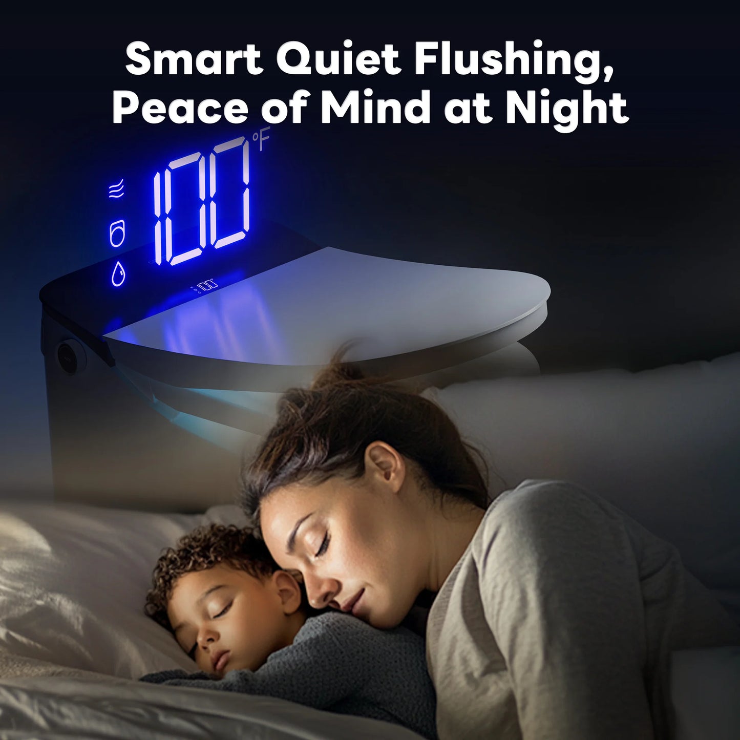 Woman and child sleeping with a smart toilet displayed above them, emphasizing 'Smart Quiet Flushing, Peace of Mind at Night'.