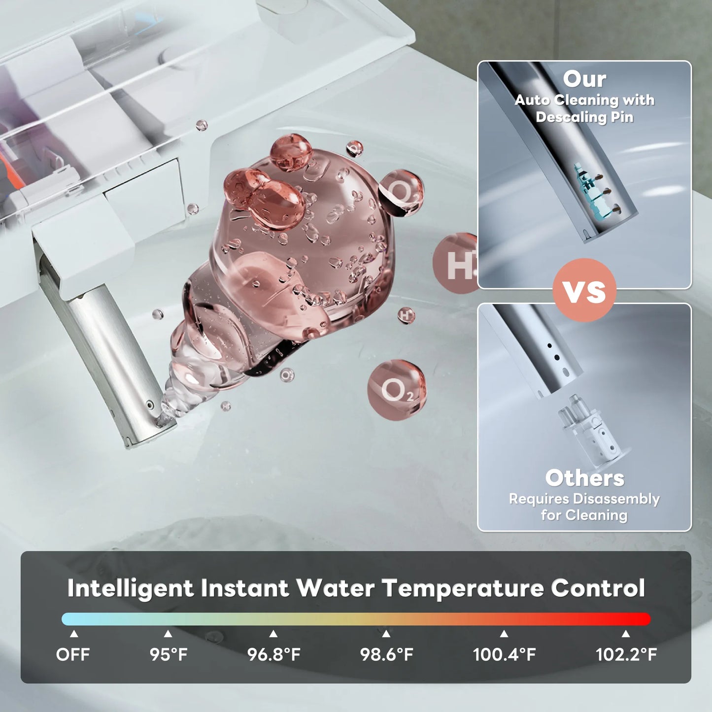 Illustration of metal nozzle with quick heat representation and cleaning device on light gray background.
