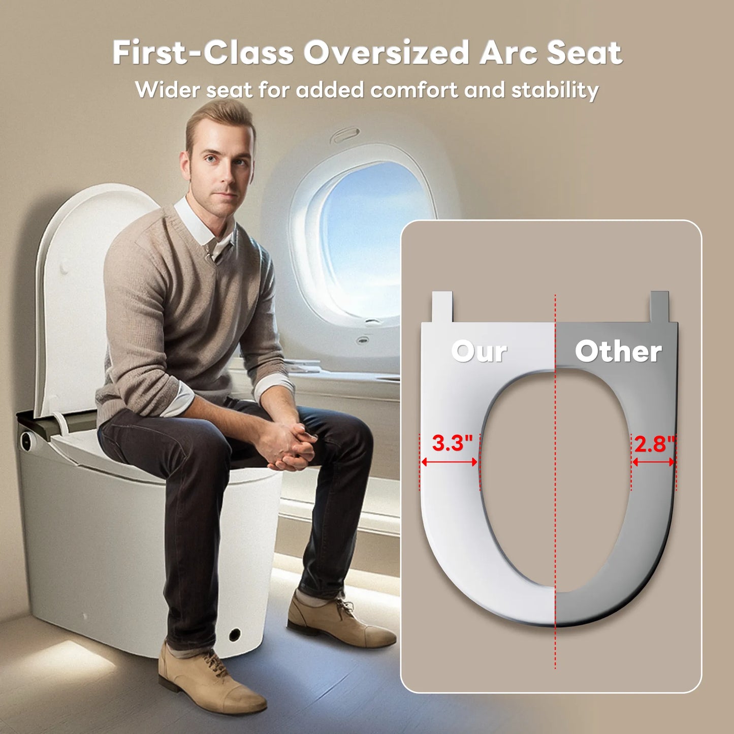 Man sitting on a first-class oversized arc seat with a comparison diagram showing added comfort and stability.