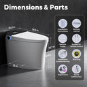 Dimensions and included components of CANEST TC-100GE Smart Toilet with installation diagram