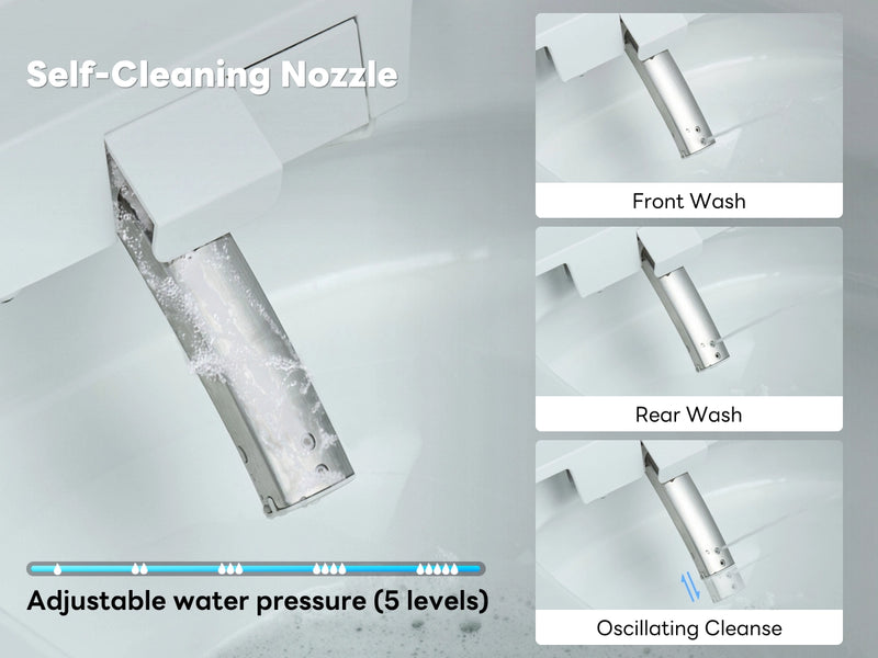 Illustration of a self-cleaning nozzle with various washing functions and adjustable water pressure on a gray background.