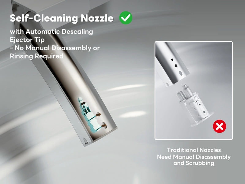 Self-Cleaning Nozzle with automatic descaling ejector tip on a gray background