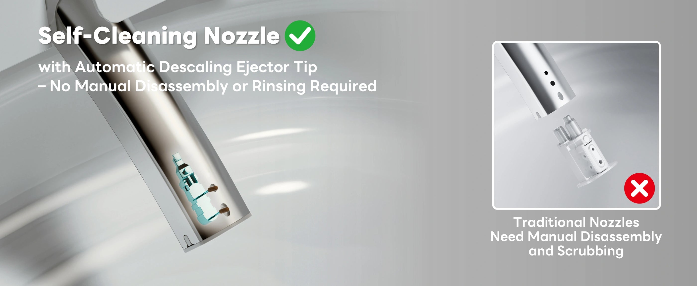 Self-cleaning nozzle with automatic descaling ejector tip on a gray background