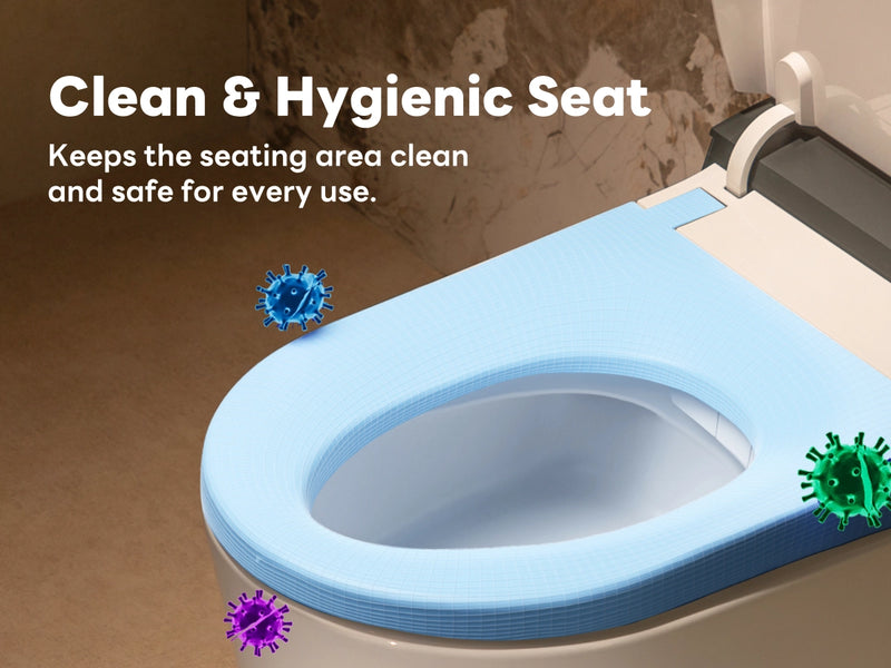 Toilet seat with a blue cover, showing text about cleanliness and hygiene.