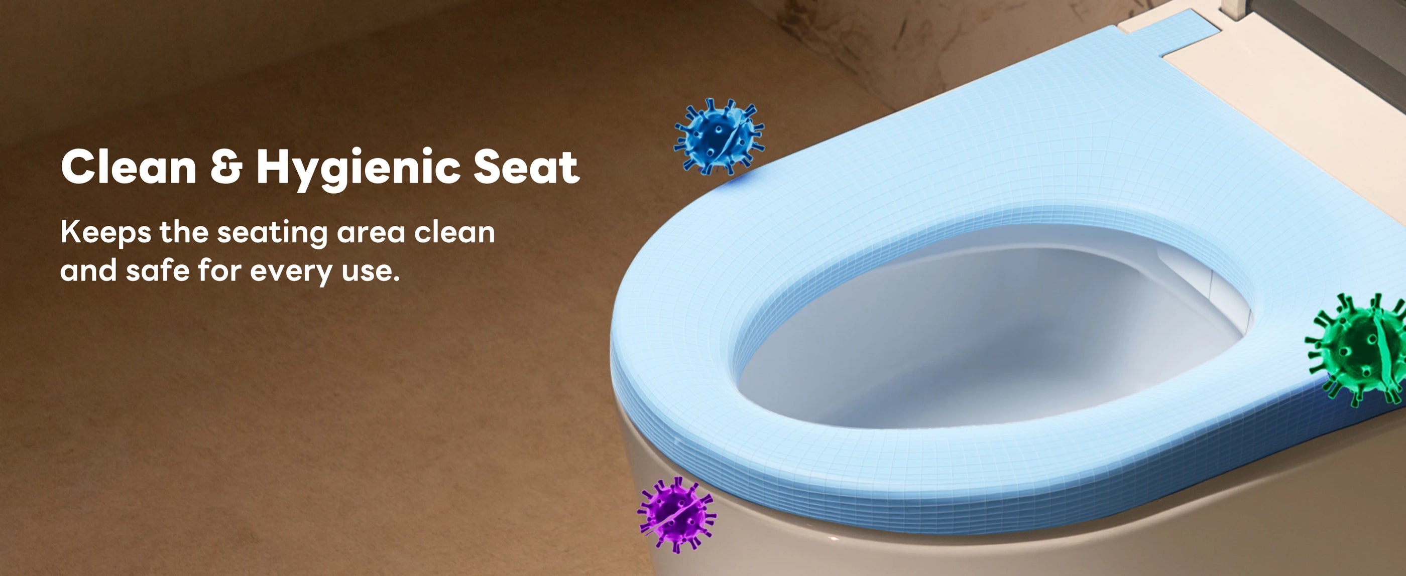 Blue toilet seat cover with cleaning and hygiene features on a brown background