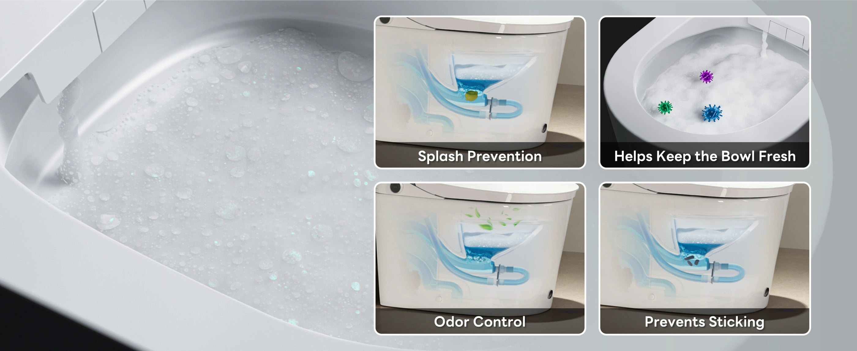 Toilet bowl cleaner with features highlighted on a gray background