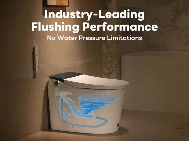 Toilet with water pressure illustration and text about flushing performance