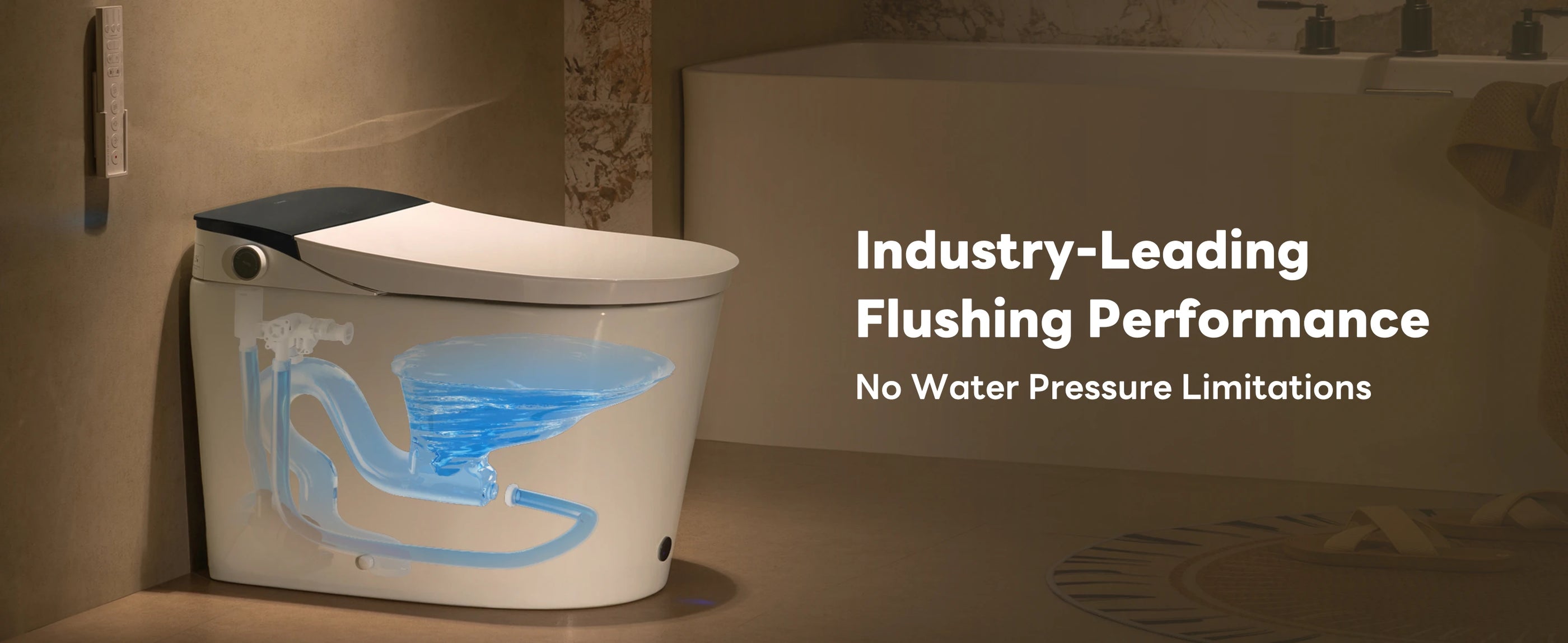 Modern toilet with water pressure limitations text in a bathroom setting