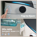 Step-by-step visual instructions for adding foam solution to CANEST FC-002SE, with highlighted fill port and label guide.