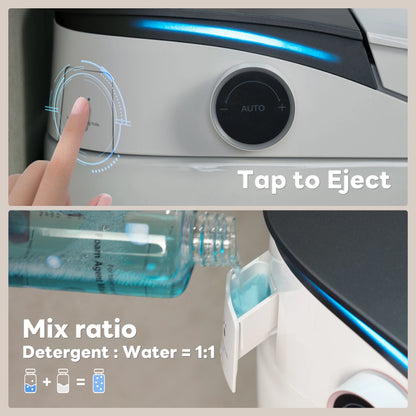 Step-by-step visual instructions for adding foam solution to CANEST FC-002SE, with highlighted fill port and label guide.