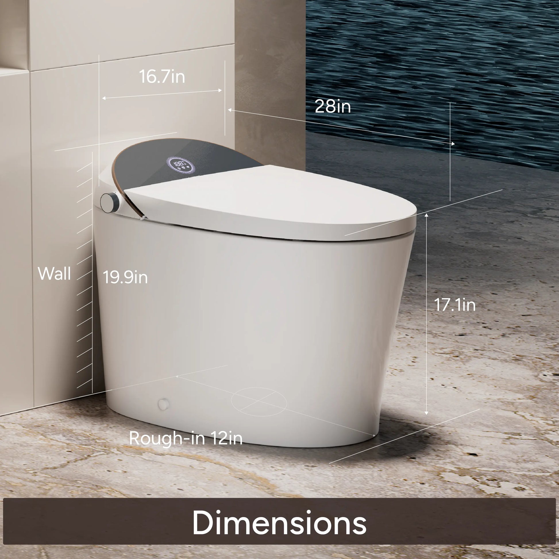 Dimensional drawing of CANEST TC-400BK Smart Toilet with installation measurements and fitting reference
