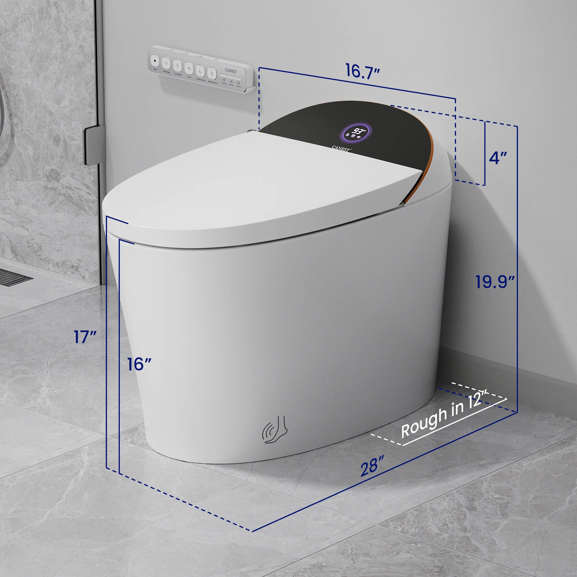Dimensional drawing of CANEST TC-300BK white smart toilet showing installation measurements