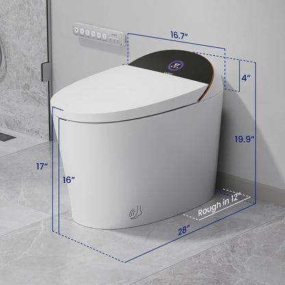 Dimensional drawing of CANEST TC-300BK white smart toilet showing installation measurements