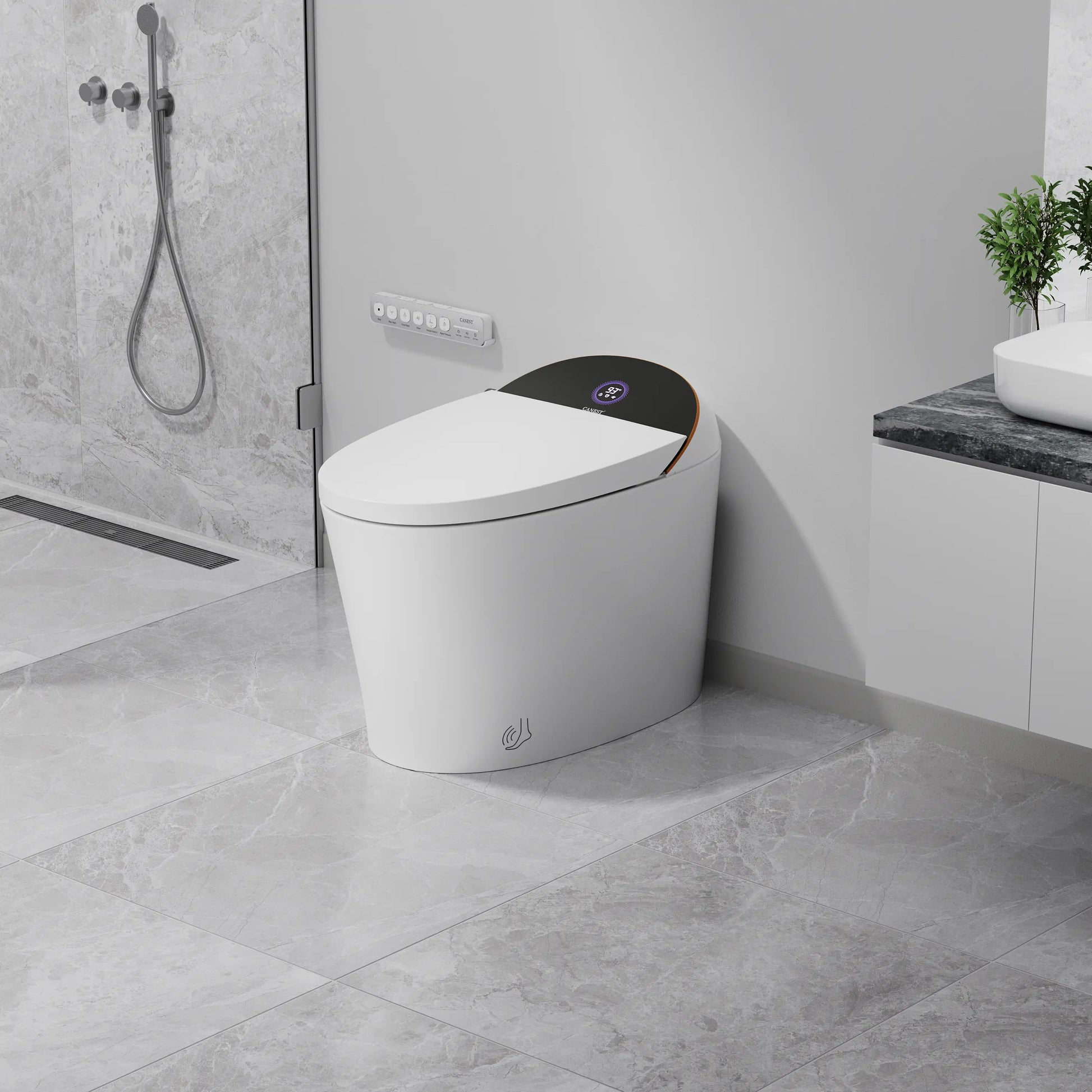 Right side view of CANEST TC-300BK showing its streamlined white body and curved profile