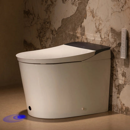 Modern toilet bowl with black lid against a textured wall