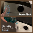 Instructions for using a detergent dispenser with text 'Tap to Eject' and 'Mix ratio Detergent : Water = 1:1'.