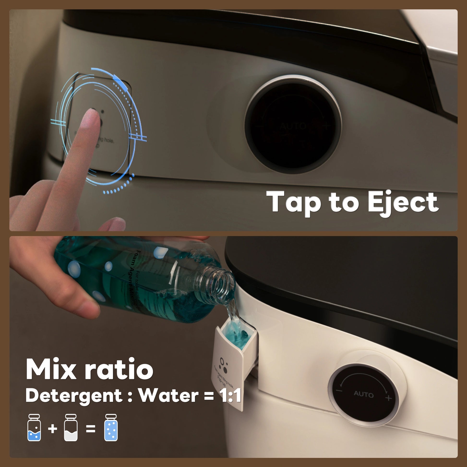 Instructions for using a detergent dispenser with text 'Tap to Eject' and 'Mix ratio Detergent : Water = 1:1'.