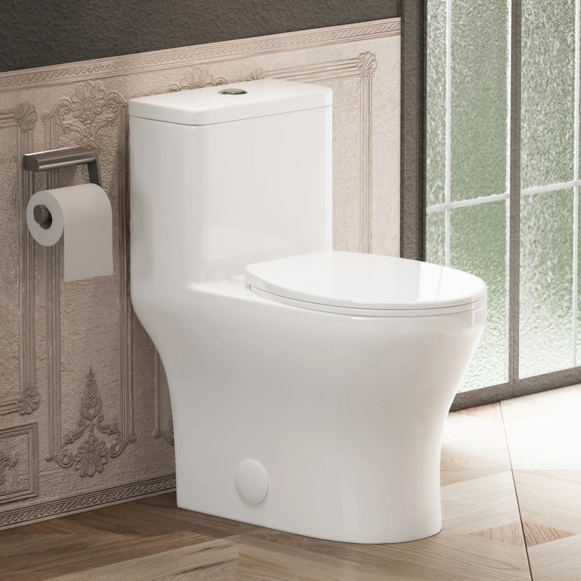 Left side view of CANEST DL-001 one-piece toilet with compact tank and ADA comfort height design