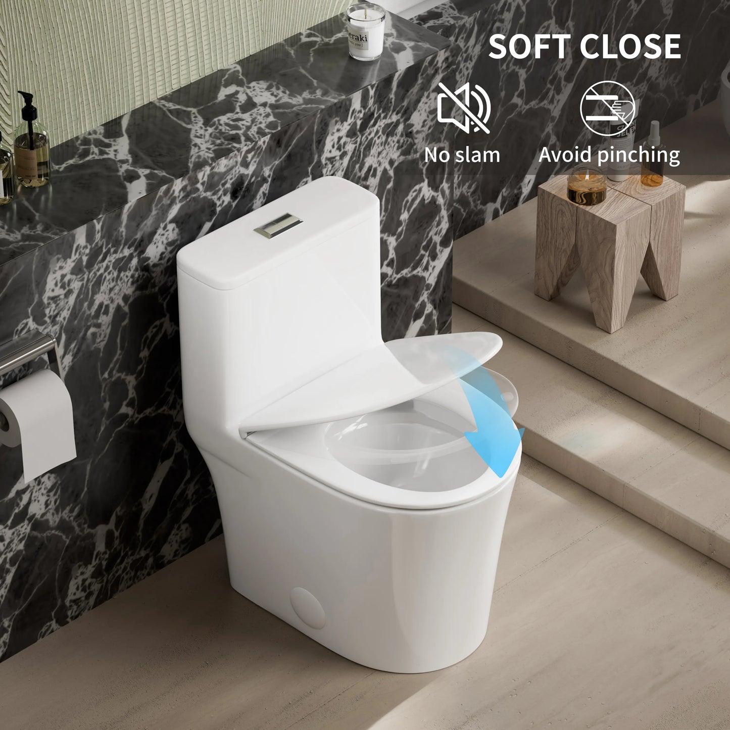 Soft-close seat and lid in CANEST DL-002 toilet to prevent slamming and ensure quiet closing