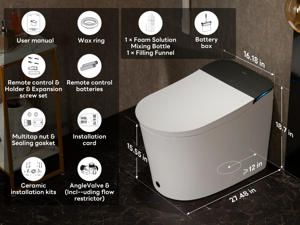 CANEST FC-002PRO smart toilet with installation components and dimensions on a dark surface